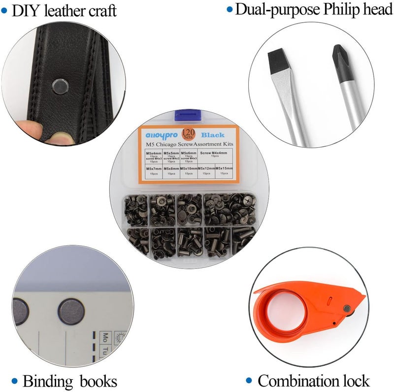 ALLOYPRO 120Pcs Black Chicago Screws Assorted Kit 8Size Gun Metal Leather Rivets 3/16" Screw Rivet Phillip Head Book Binding Posts Nail Rivet Chicago Bolt for DIY Leather Craft (M5x4/5/6/7/8/10/12/15) - Image 5